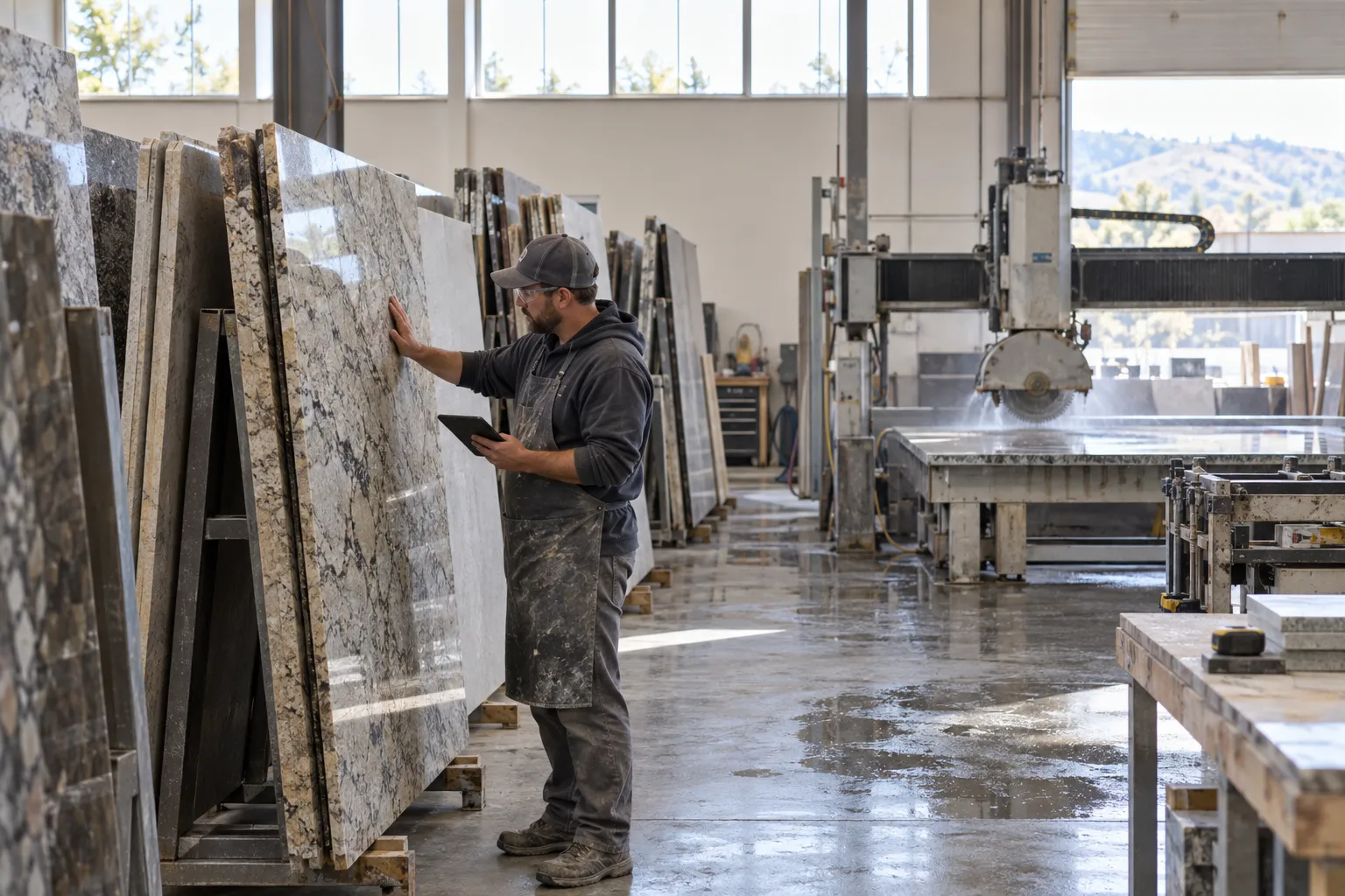 Fabricator checking a granite slab on the rack with a tablet
