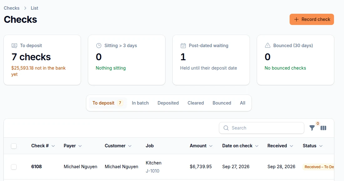 Checks to deposit, grouped by status with amounts and deposit dates